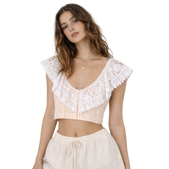 Miguelina Tops - MIGUELINA Lace Gingham Crop Top Boho Coquette Cottagecore L